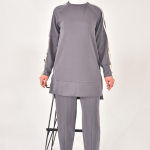 20606 Modal kumaş kol detaylı tesettür ikili takım-GRİ