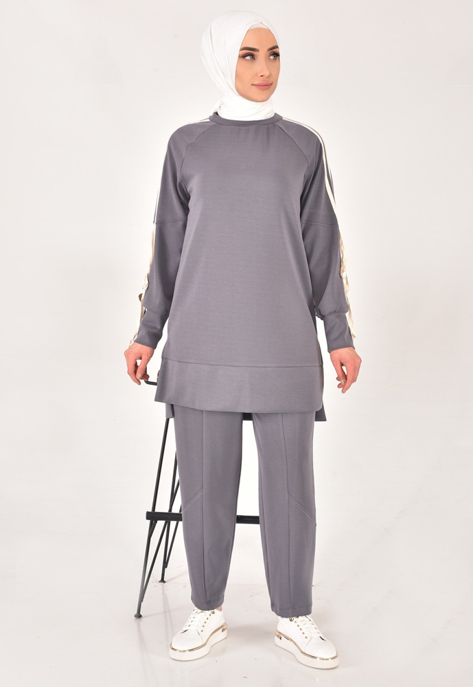 20606 Modal kumaş kol detaylı tesettür ikili takım-GRİ