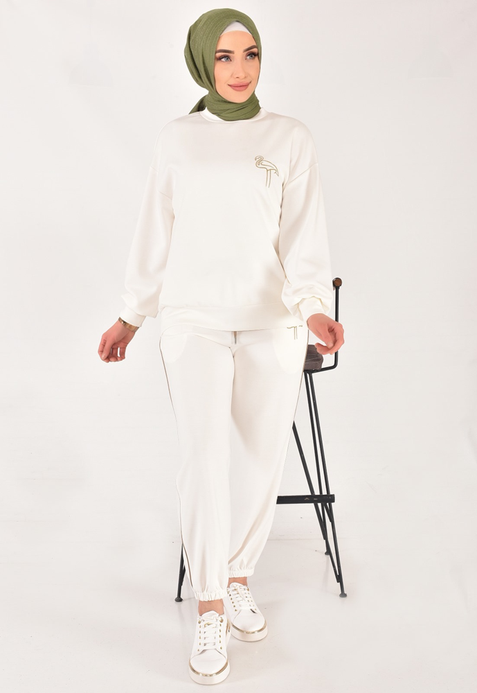 32162 Modal Kumaş Kuş Nakış Detaylı Tesettür İkili Takım-Ekru