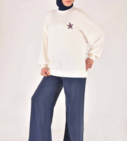 32163 Modal Kumaş Sırtı Nakış Detaylı Tesettür Sweatshirt-EKRU