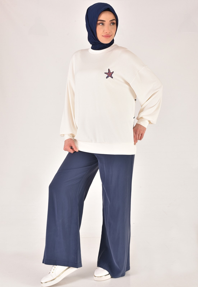 32163 Modal Kumaş Sırtı Nakış Detaylı Tesettür Sweatshirt-EKRU