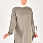 10614 Modal Kumaş Taş ve Nakış Detaylı Tesettür Tunik-Haki