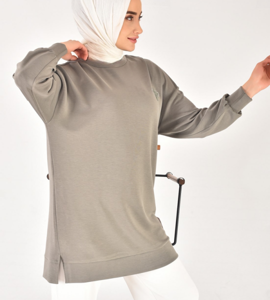 10614 Modal Kumaş Taş ve Nakış Detaylı Tesettür Tunik-Haki