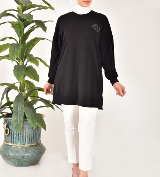 10614 Modal Kumaş Taş ve Nakış Detaylı Tesettür Tunik-SİYAH