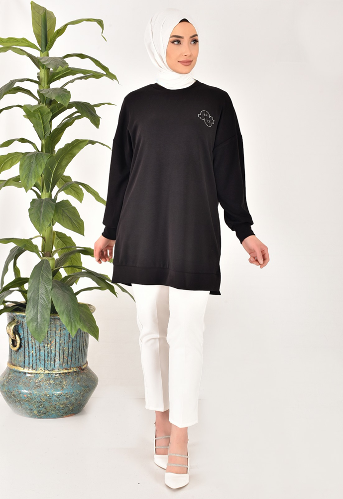 10614 Modal Kumaş Taş ve Nakış Detaylı Tesettür Tunik-SİYAH