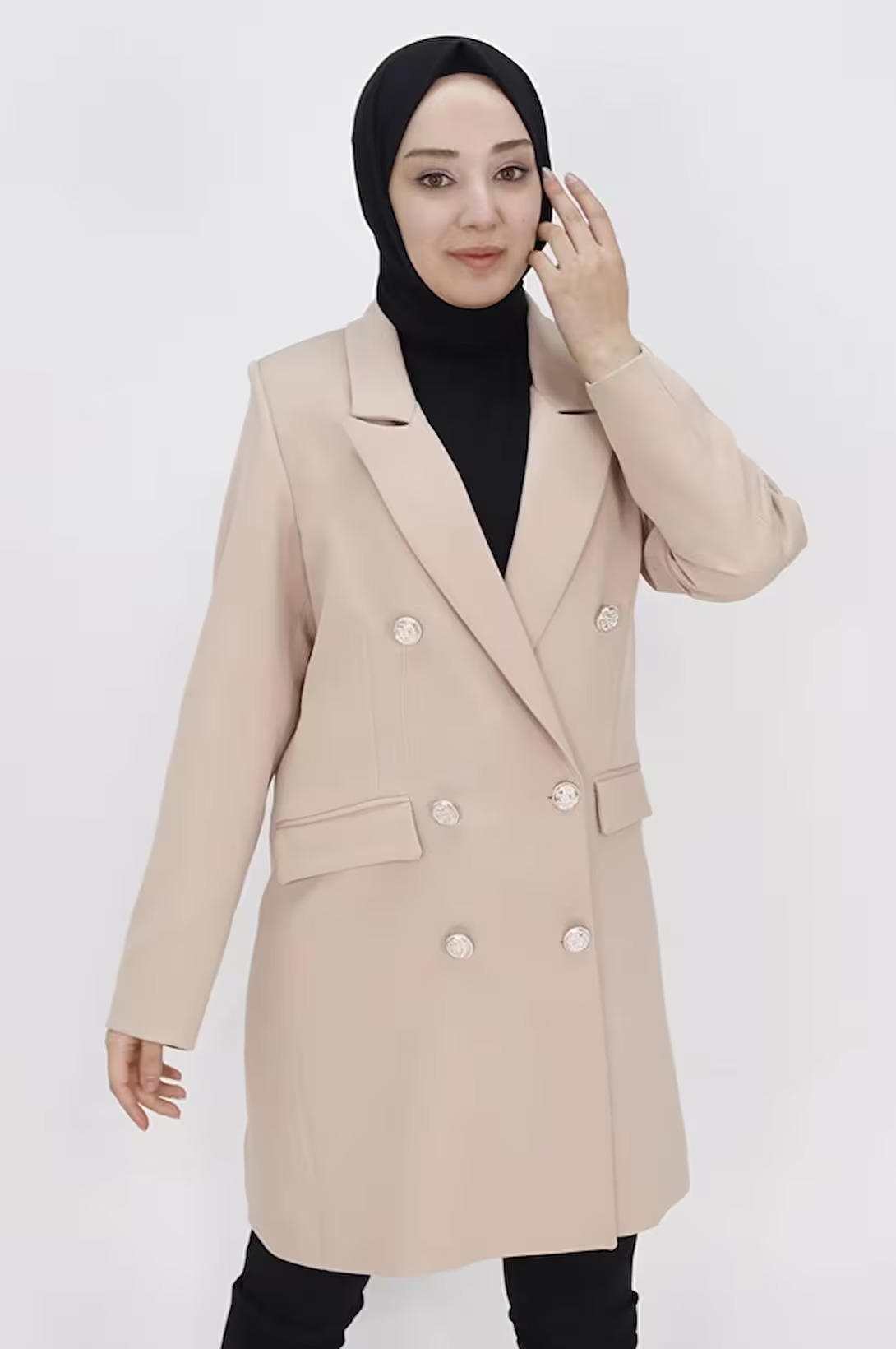 2405 Sahte Cep Detaylı Kruvaze Yaka Blazer Ceket-Taş