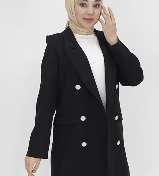 2405 Sahte Cep Detaylı Kruvaze Yaka Blazer Ceket-Siyah