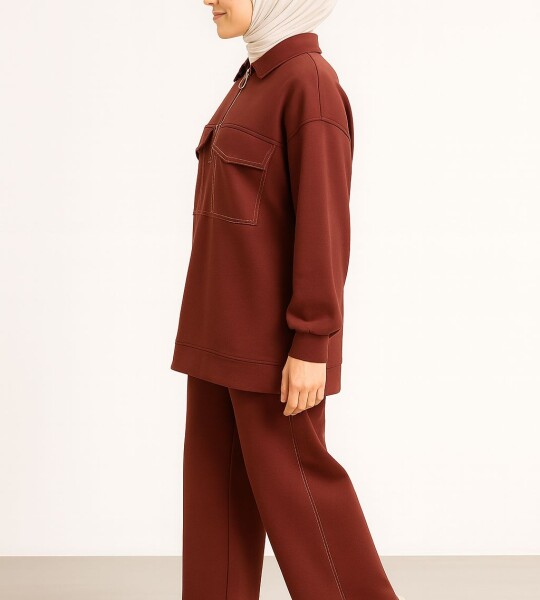 20602 Puane Modal Kumaş Cep Detaylı Takım-BORDO