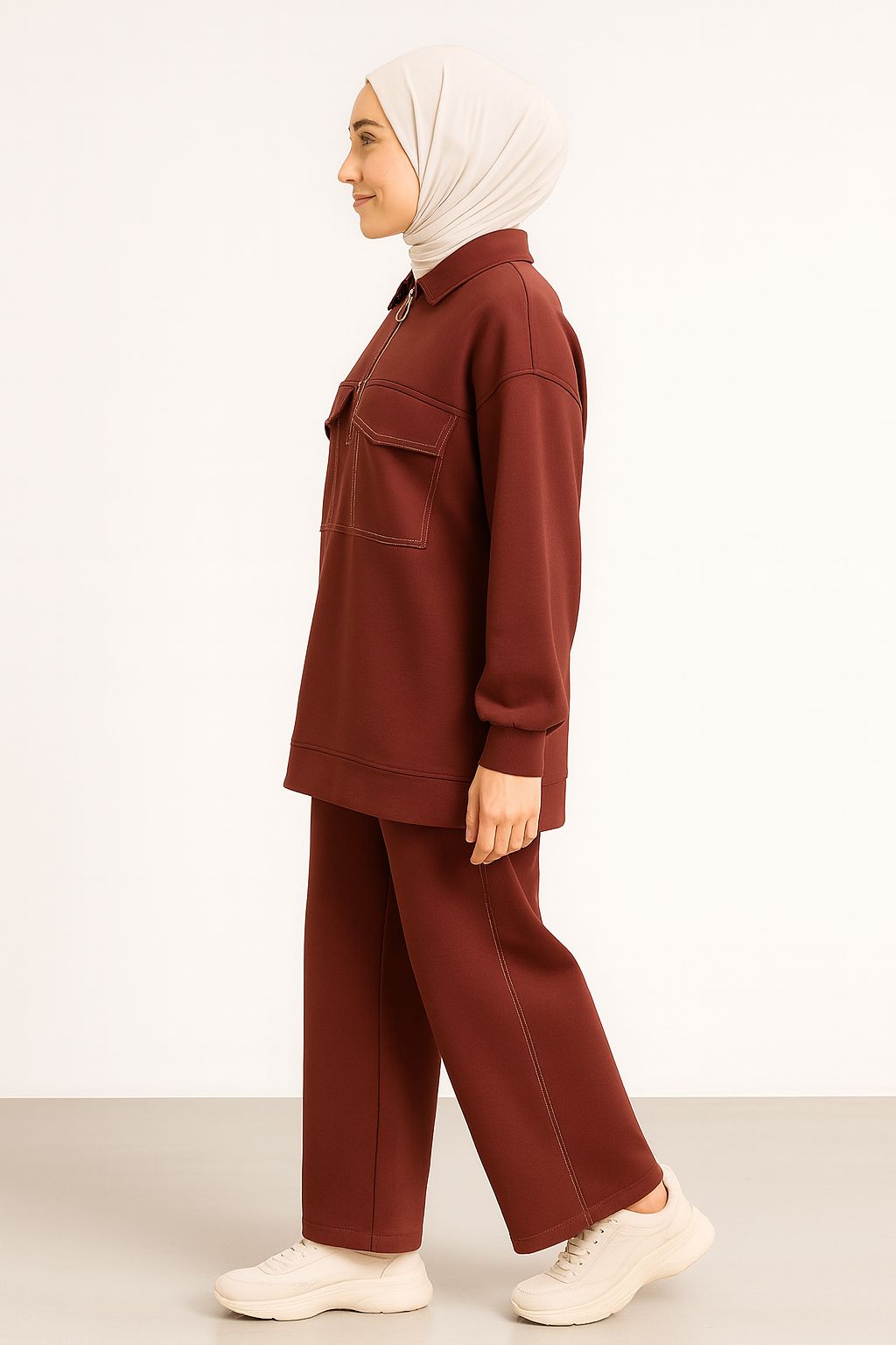20602 Puane Modal Kumaş Cep Detaylı Takım-BORDO
