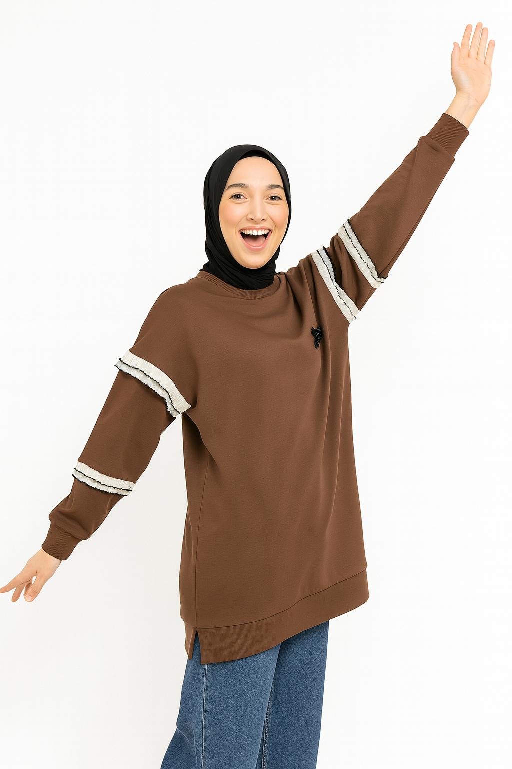 10718 Puane 2 İp Kumaş Fırfır Detaylı Sweatshirt-KAHVE